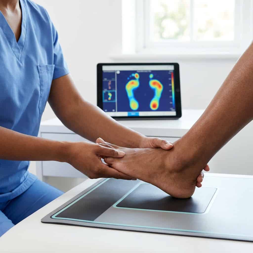 Podiatrist examining a patient's foot with a digital foot scan in clinic.