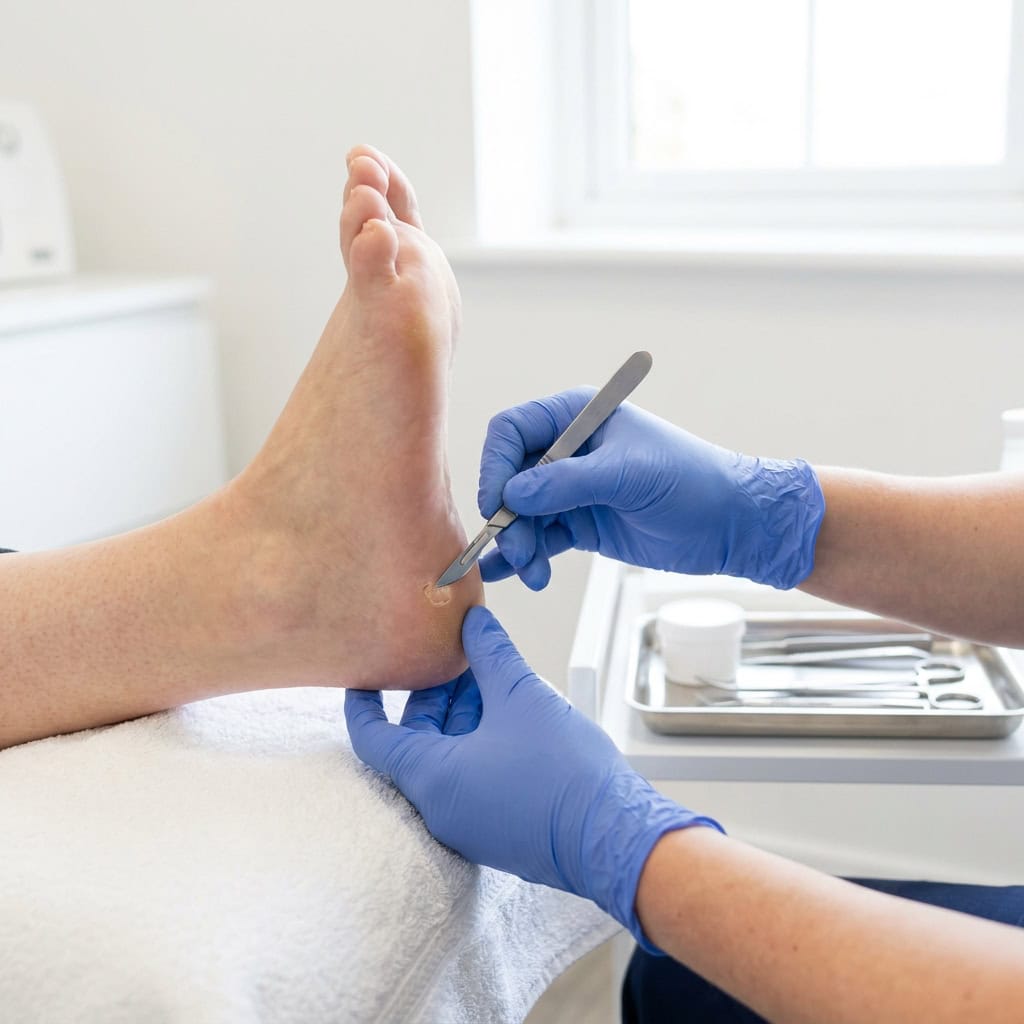 Podiatrist examining patient's foot during a podiatry consultation.