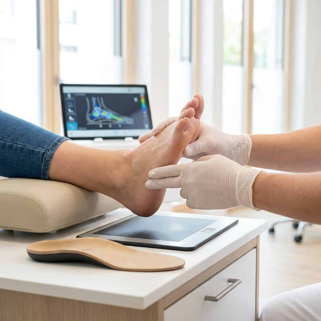 Podiatrist examining patient's foot for fallen arches in Ballymena clinic.