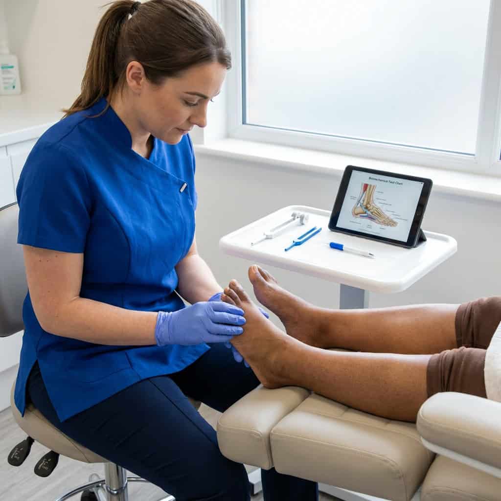 Podiatrist examining a patient's feet during first appointment in Ballymena.