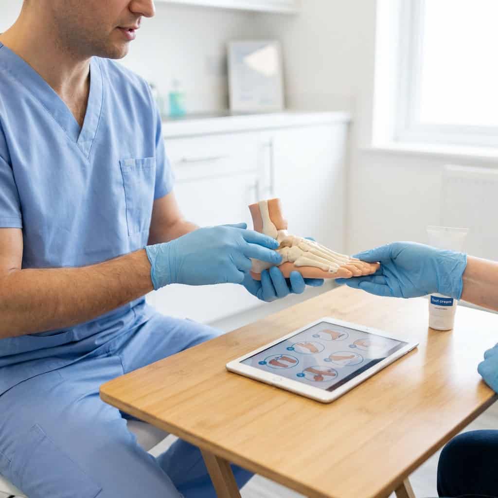 Podiatrist demonstrating foot care techniques for hygiene and health.