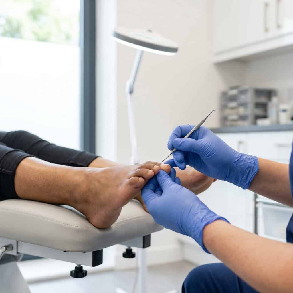 Podiatrist treating ingrown toenail with precision and care in Ballymena clinic.