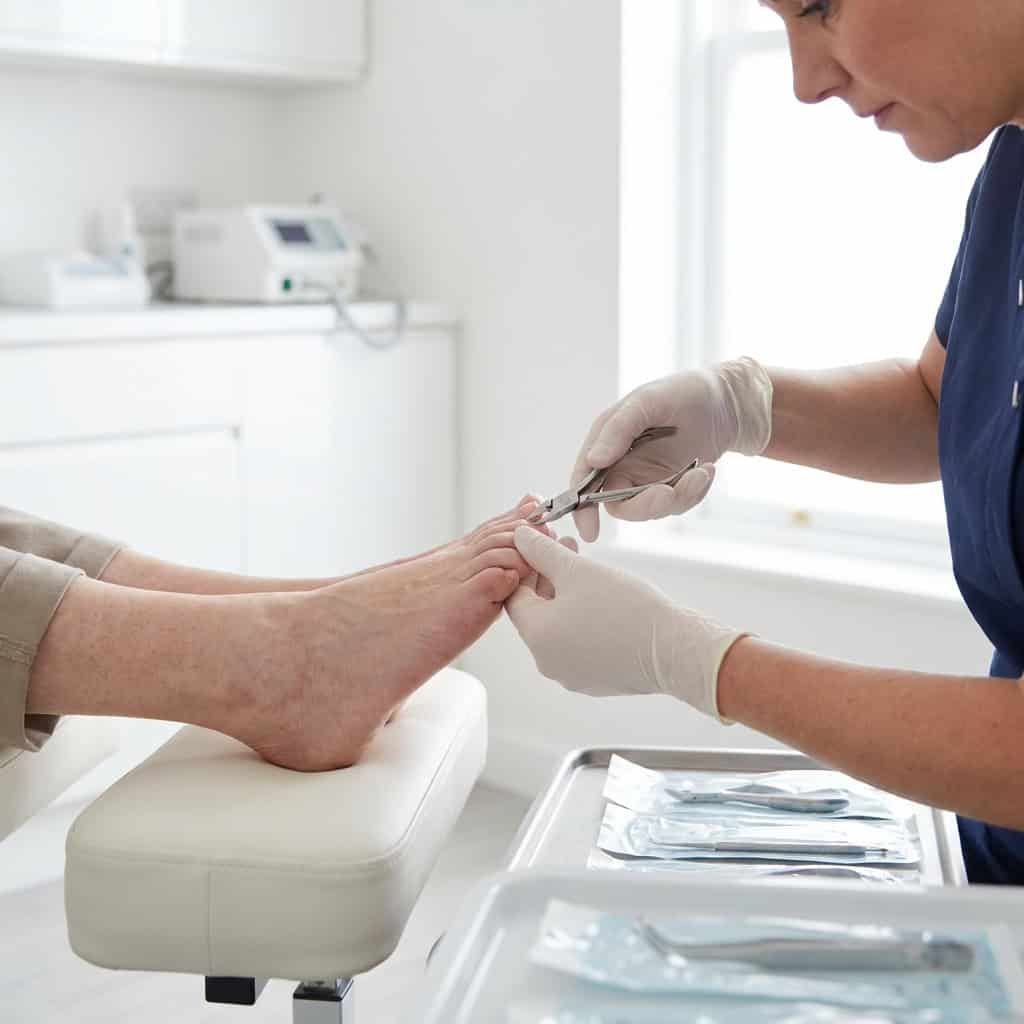 Podiatrist performing foot examination on patient at Get In Step Podiatry clinic.