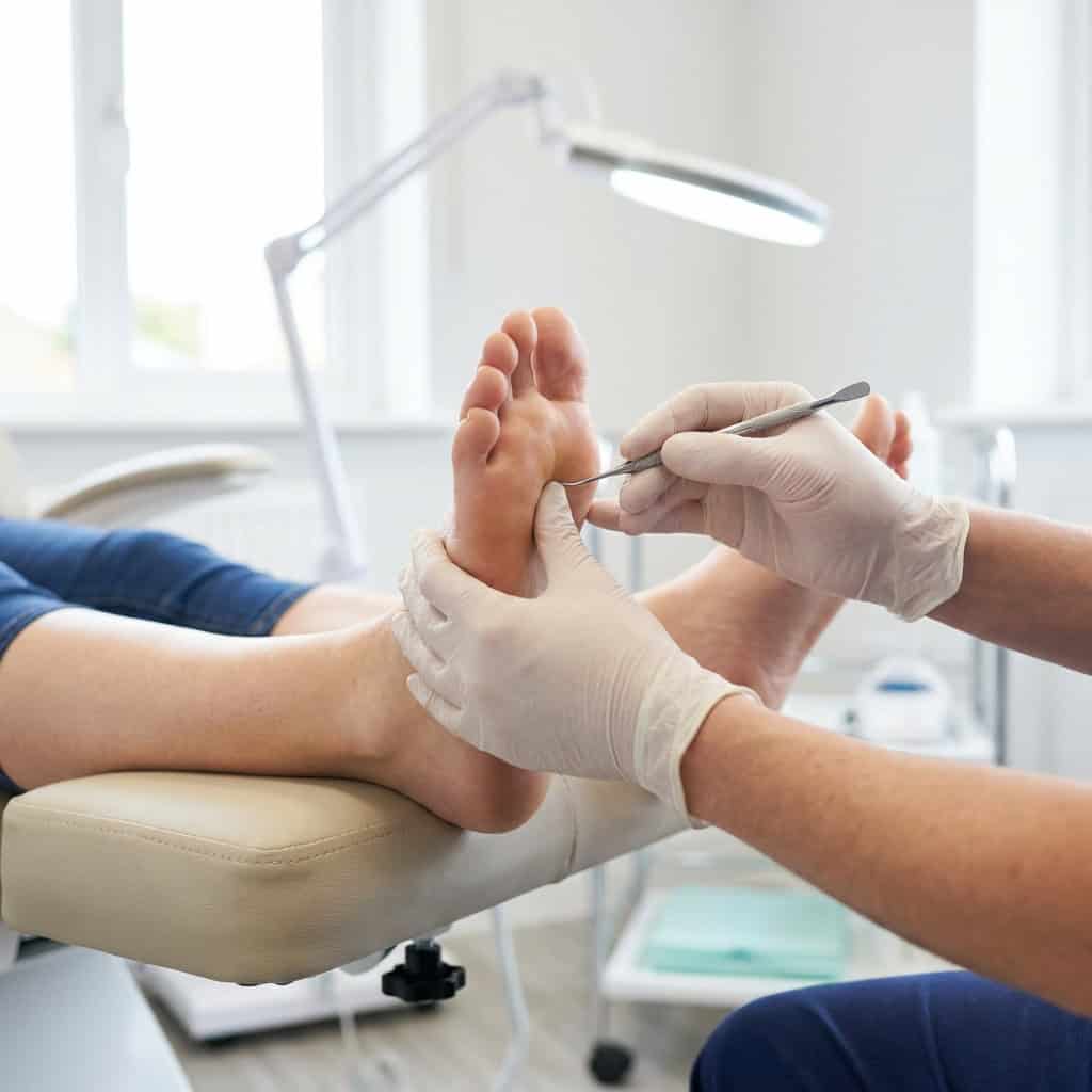 Podiatrist applying pressure point therapy to patient's foot in Ballymena clinic.