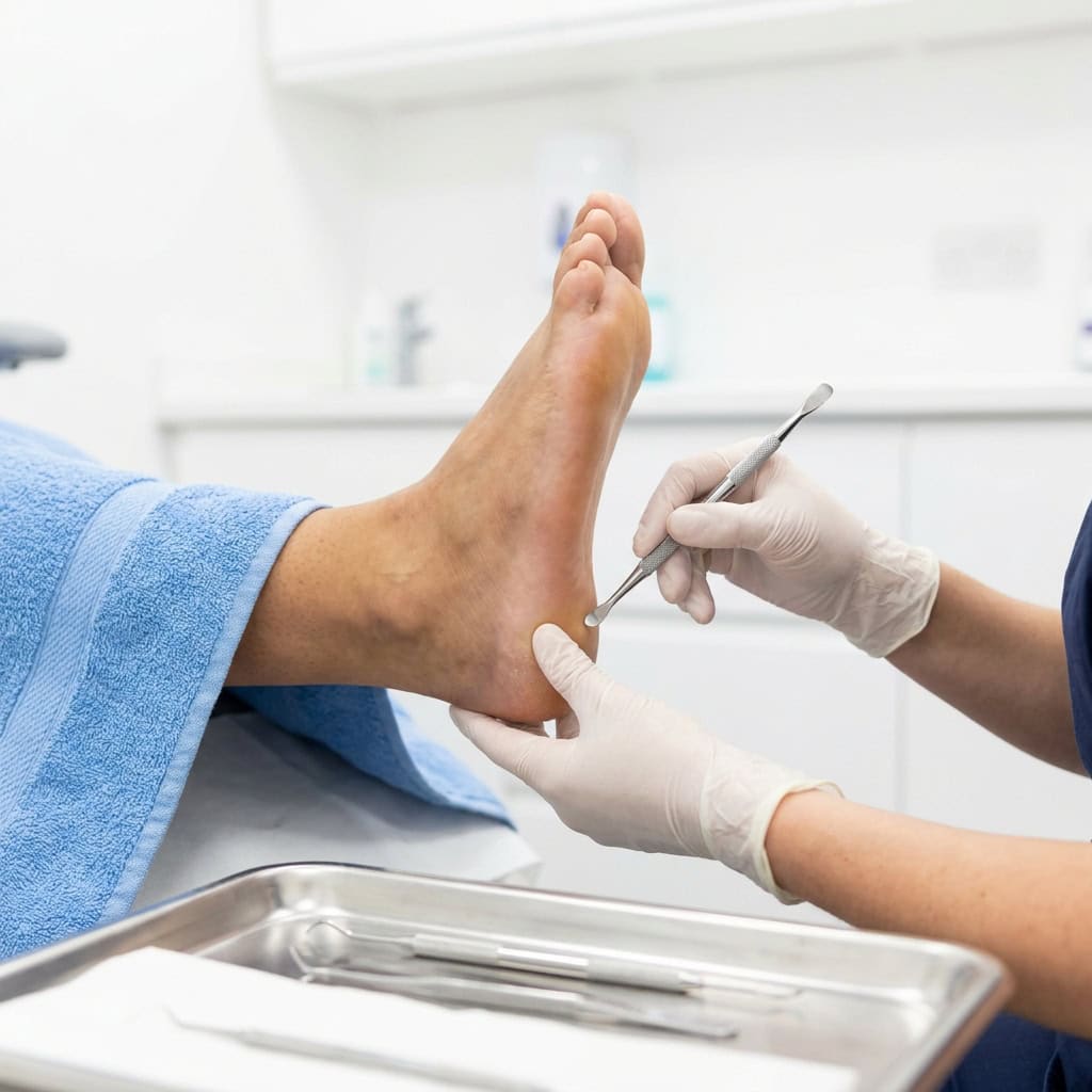 Podiatrist examining a patient's foot during a routine foot care appointment in Ballymena.